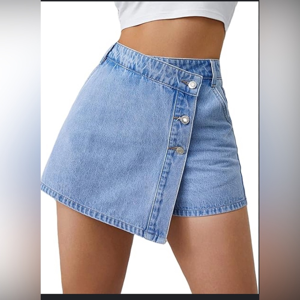 FLVSUN - Denim Shorts - Casual High Waisted Solid Button Up asymmetrical skort